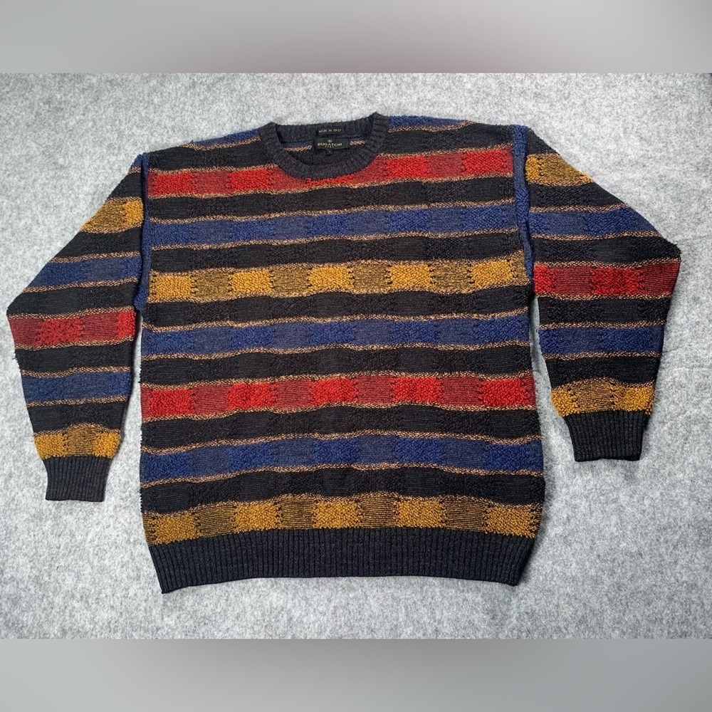 Vintage Bugatchi Men's Striped Crewneck Sweater - Red, Blue, Brown